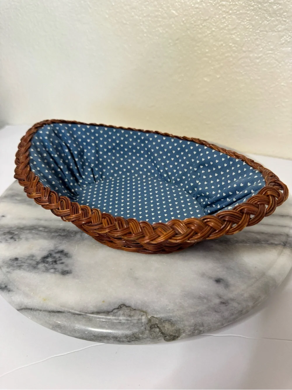 Brown Woven Basket with Blue Heart-Print Liner